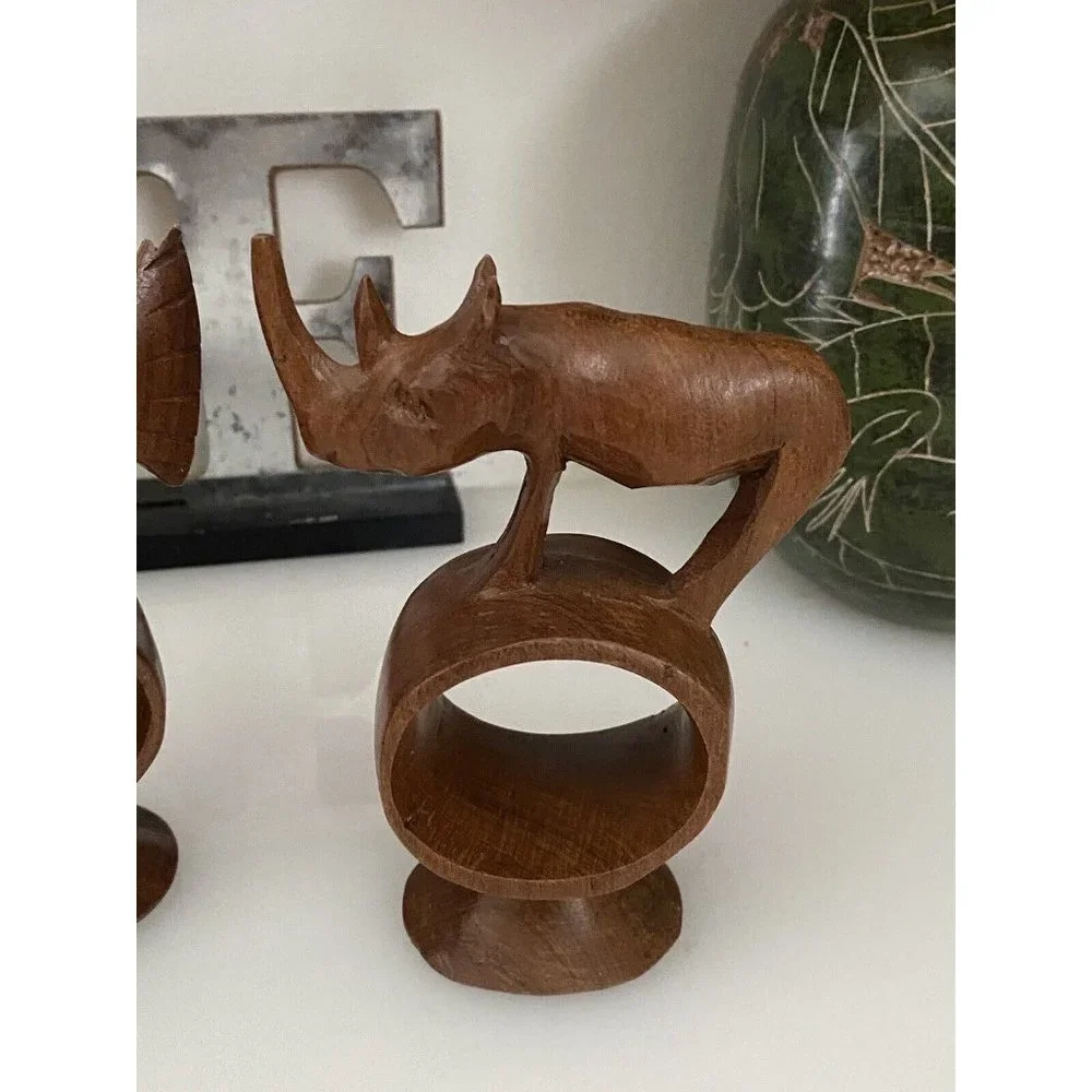 Set of 4 Hand Carved Napkin Rings African Safari Jungle Animal Teak Wood Vintage